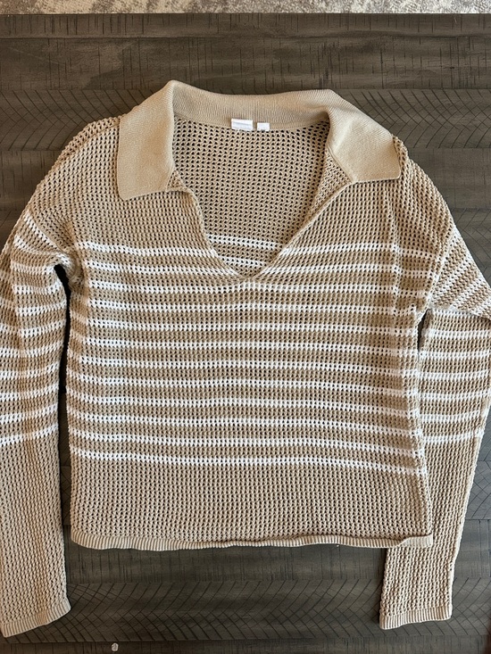 GAP Sweaters - GAP Beige and White Striped Open-Knit V-Neck Polo Sweater